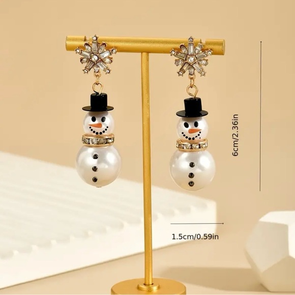 Snowflake and Snowman Dangle Earrings Holiday Pierced Rhinestones Faux Pearls - Picture 4 of 6